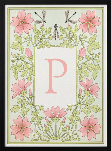 Elegant Floral Letter P | Poster - Black Metal Frame Interior