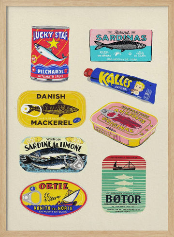 Vintage Seafood Cans | Poster - Wood Frame Interior