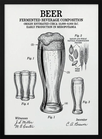 Beer Patent Drawing | Poster - Black Metal Frame Interior