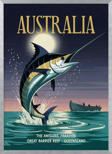 Leaping Marlin Australia Night | Poster - Silver Frame Interior
