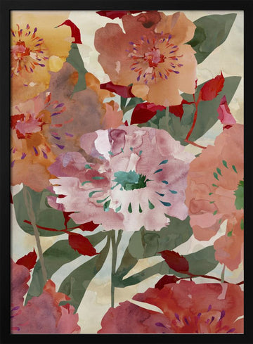 Colorful Watercolor Blooms | Poster - Black Metal Frame Interior