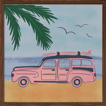 Pink Beach Surfer Car | Poster - Walnut Frame Interior