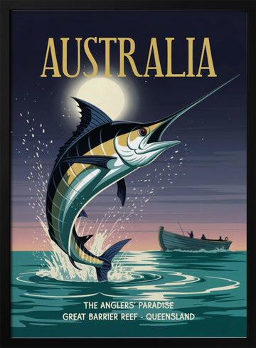 Leaping Marlin Australia Night | Poster - Black Metal Frame Interior