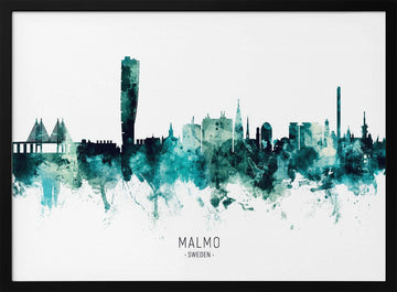 Malmo Watercolor Skyline | Poster - Black Metal Frame Interior
