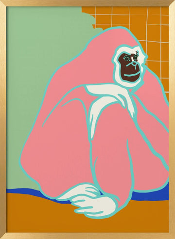 Thoughtful Pink Gorilla | Poster - Gold Frame Interior