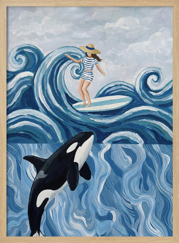 Surfer Girl and Orca | Poster - Wood Frame Interior
