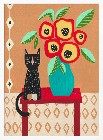 Whimsical Cat Floral Still Life | Poster - White Frame Interior