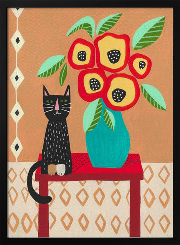 Whimsical Cat Floral Still Life | Poster - Black Metal Frame Interior