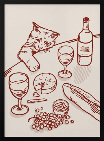 Curious Kitten Wine Table | Poster - Black Metal Frame Interior