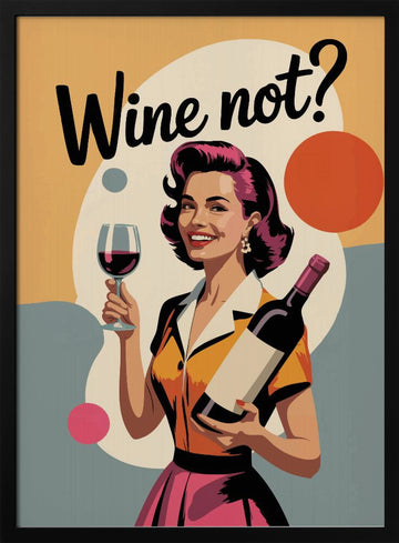 Happy Retro Wine Woman | Poster - Black Metal Frame Interior