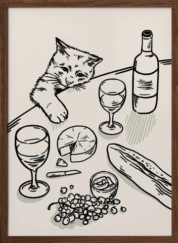 Curious Kitten Table | Poster - Walnut Frame Interior