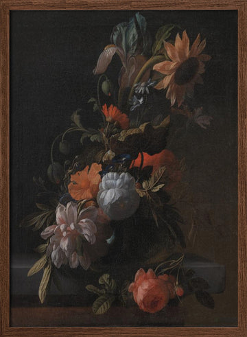 A Bowl of Flowers By Elias Van Den Broeck | Poster - Walnut Frame Interior