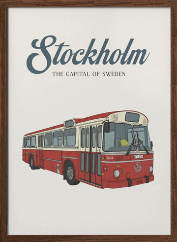 Classic Red Stockholm Bus | Poster - Walnut Frame Interior
