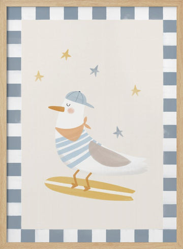 Happy Surfing Seagull | Poster - Wood Frame Interior