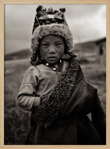 Watchful Child in Fur | Poster - Wood Frame Interior