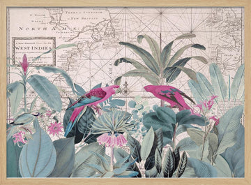 Tropical Map Parrots | Poster - Wood Frame Interior