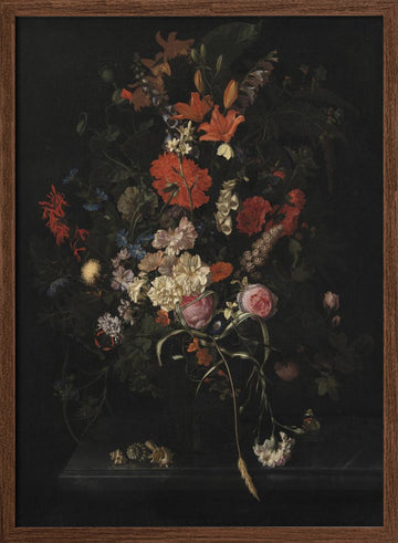 Bouquet of Flowers In a Glass Vase | Poster - Walnut Frame Interior