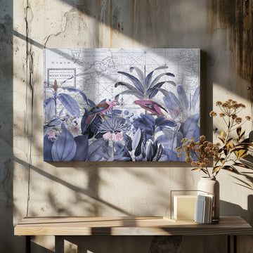 Pink Parrots Tropical Map | Canvas - Room Interior 2