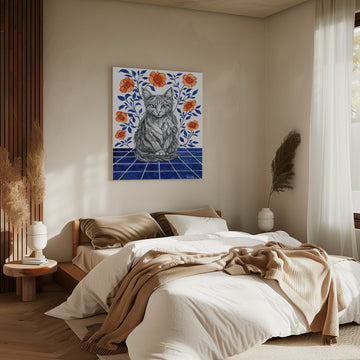 Whimsical Cat Blue Tiles | Canvas - Room Interior 2