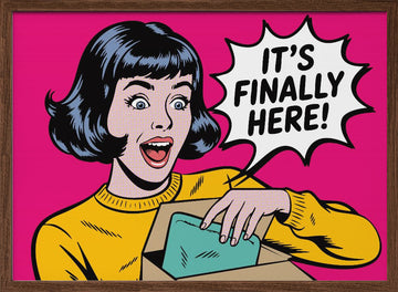 Excited Woman Unboxing | Poster - Walnut Frame Interior