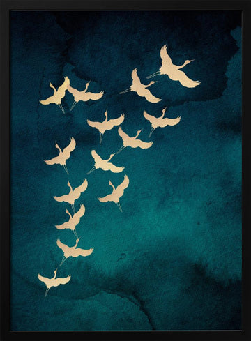 Graceful Golden Cranes | Poster - Black Metal Frame Interior