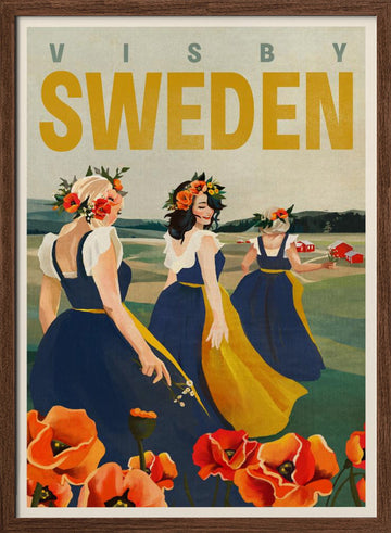Visby Sweden Flower Girls | Poster - Walnut Frame Interior