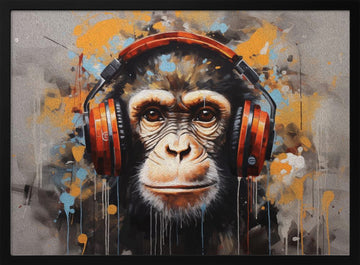 Chimpanzee with Headphones | Poster - Black Metal Frame Interior