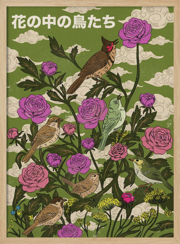 Garden Birds And Roses | Poster - Wood Frame Interior