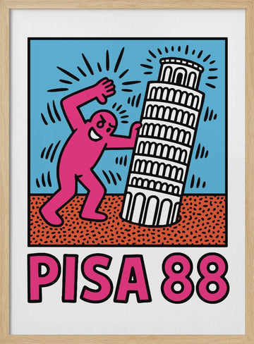 Playful Pisa Tower Push | Poster - Wood Frame Interior