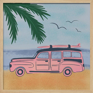 Pink Beach Surfer Car | Poster - Wood Frame Interior