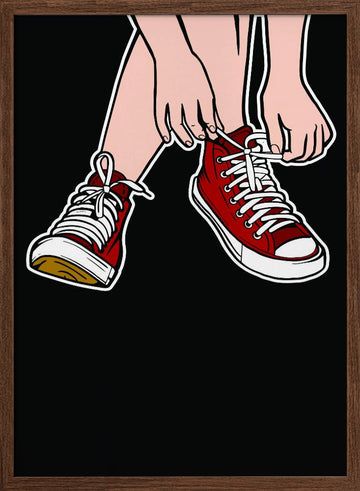 Tying Red Sneakers | Poster - Walnut Frame Interior