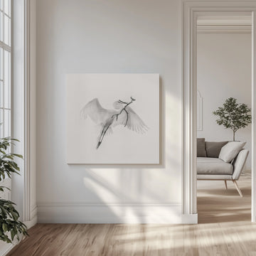White Egret Carrying Branch | Canvas - Room Interior 1
