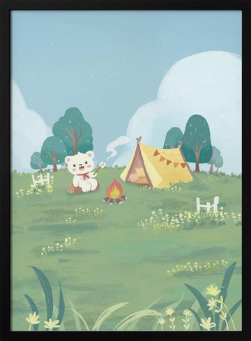 Bear Campfire Roasting Marshmallow | Poster - Black Metal Frame Interior