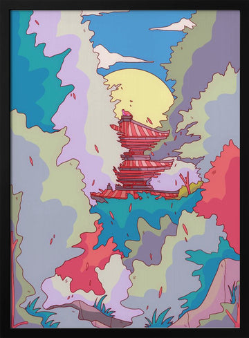 Moonlit Fantasy Pagoda | Poster - Black Metal Frame Interior