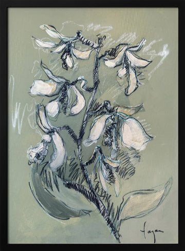 White Floral Sketch | Poster - Black Metal Frame Interior