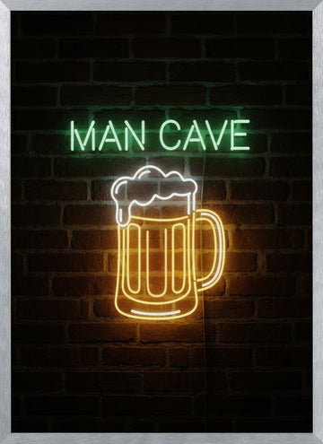 Man Cave Neon Beer Mug | Poster - Silver Frame Interior