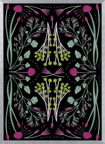 Folk Mirrored - Black, Green and Pink | Poster - Silver Frame Interior
