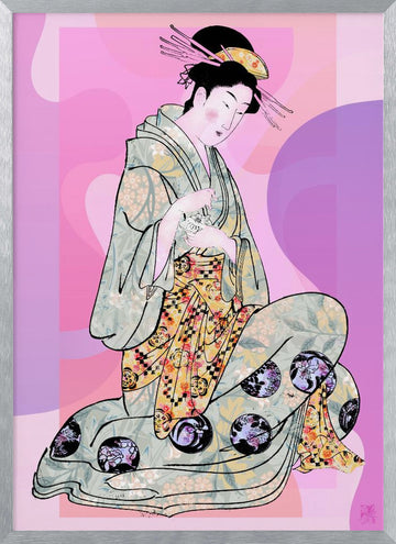 Elegant Geisha Kneeling | Poster - Silver Frame Interior