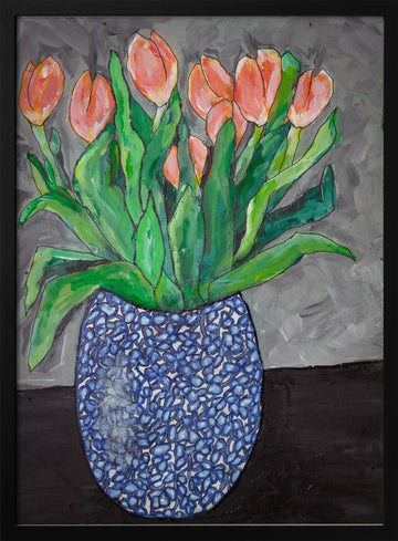 Vibrant Tulips In Blue Vase | Poster - Black Metal Frame Interior
