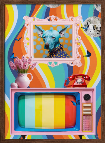 Colorful Groovy Blue Dog | Poster - Walnut Frame Interior