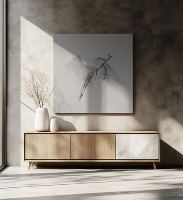 White Egret Carrying Branch | Canvas - Room Interior 2