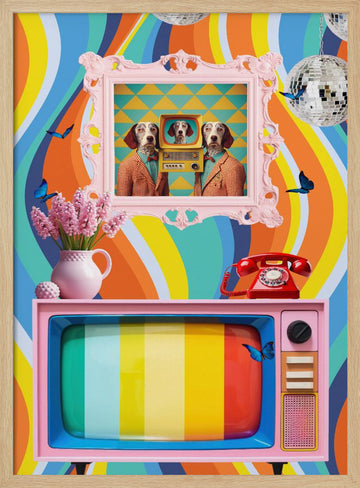 Colorful Retro Dog Scene | Poster - Wood Frame Interior
