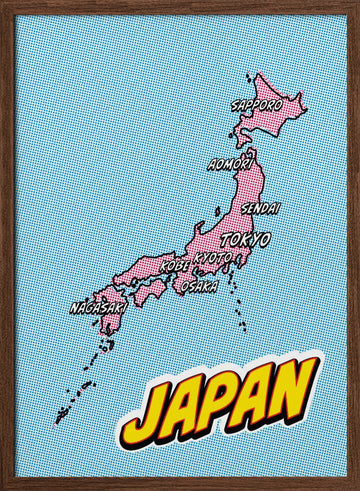 Pop Art Japan Map | Poster - Walnut Frame Interior