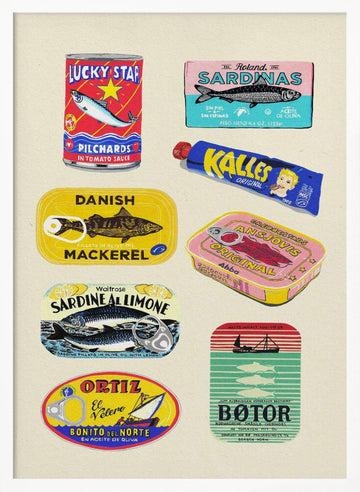 Vintage Seafood Cans | Poster - White Frame Interior