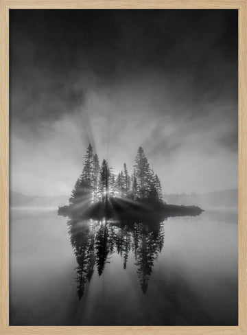 Misty Island Sunrays | Poster - Wood Frame Interior