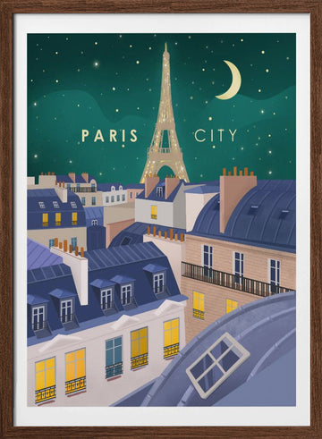 Paris at Night | Poster - Walnut Frame Interior
