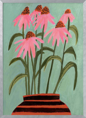 Pink Coneflowers in Vase | Poster - Silver Frame Interior