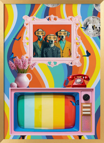 Colorful Retro Dog Scene | Poster - Gold Frame Interior