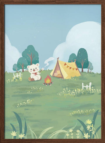 Bear Campfire Roasting Marshmallow | Poster - Walnut Frame Interior