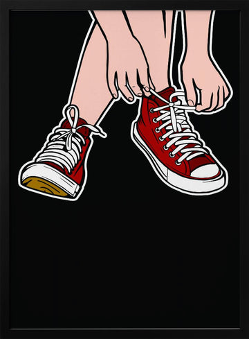 Tying Red Sneakers | Poster - Black Metal Frame Interior